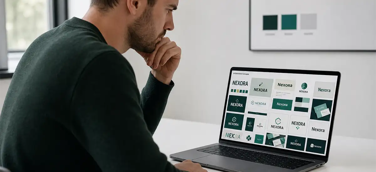 Profissional olhando para tela com resultado de IA que não corresponde à identidade visual da marca – Identidade visual e inteligência artificial