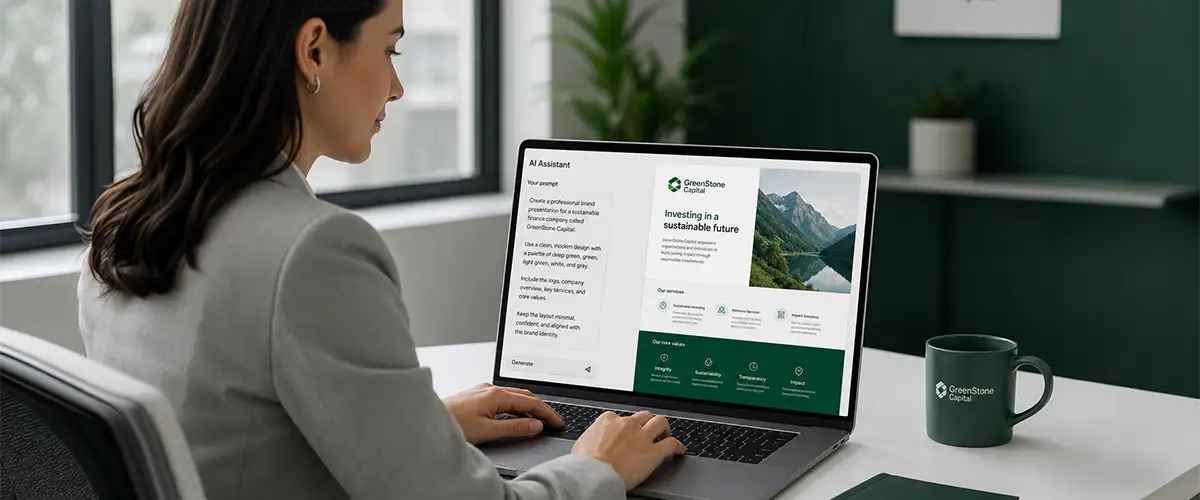 Pessoa digitando prompt no computador com resultado de IA perfeitamente alinhado à identidade da marca